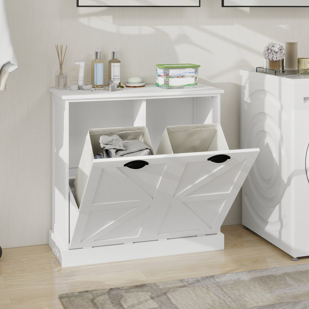 Tcbosik Tilt Out Laundry Hamper Cabinet with Removable Cloth Bags, Double Hidden Laundry Hamper Cabinet, Bathroom Storage Cabinet, Free Standing Organizer for Kitchen Living Room, White