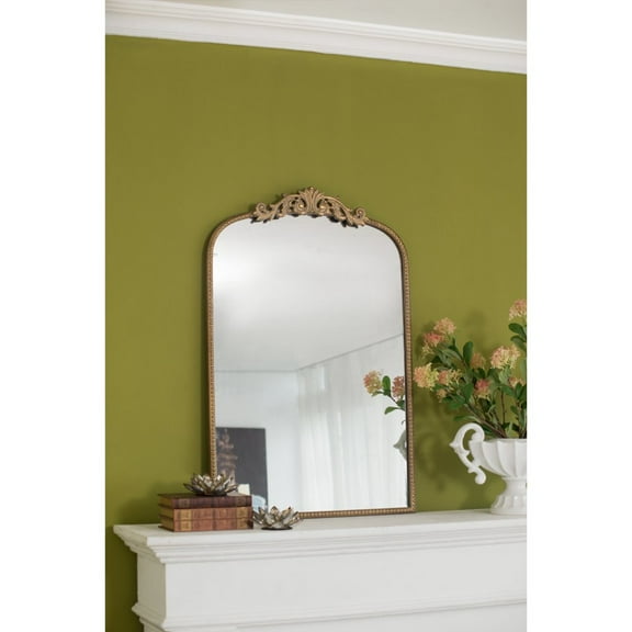 Tcbosik Traditional Retro Gold Arched Wall Mirror, 24"x36" Carved Elegant Metal Farmhouse Bathroom Mirror with Ornate Frame, Baroque Inspired Home Decor for Vanity Bedroom Entryway