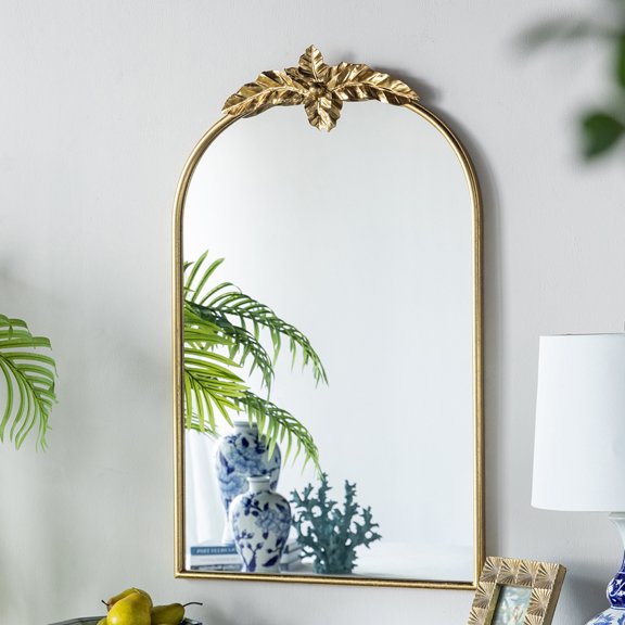 Tcbosik Traditional Vintage Ornate Baroque Mirror, 24" x 36" Wall Mirror with Gold Matel Frame amd Leaf Decor, Arched Mirror for Entryway/Bathroom/Fireplace