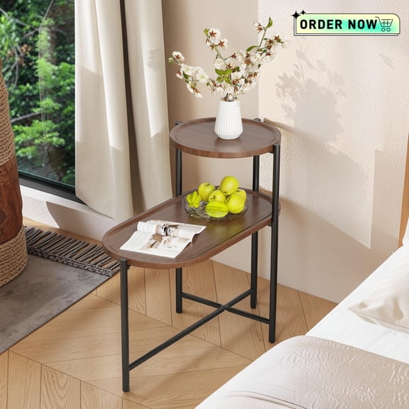 Tcbosik Tray Sofa Side Table, 2-Tier Wood End Table with Open Shelf for Home Office Living Room Bedroom, Walnut Brown