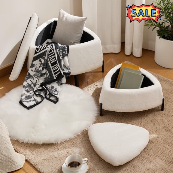 Tcbosik Triangle Ottomans Set of 2 with Storage, Faux Fur Multi-Functional Footrest, Footstool for Small Space, Living Room, Bedroom, Hallway, Easy Assembly, Ivory
