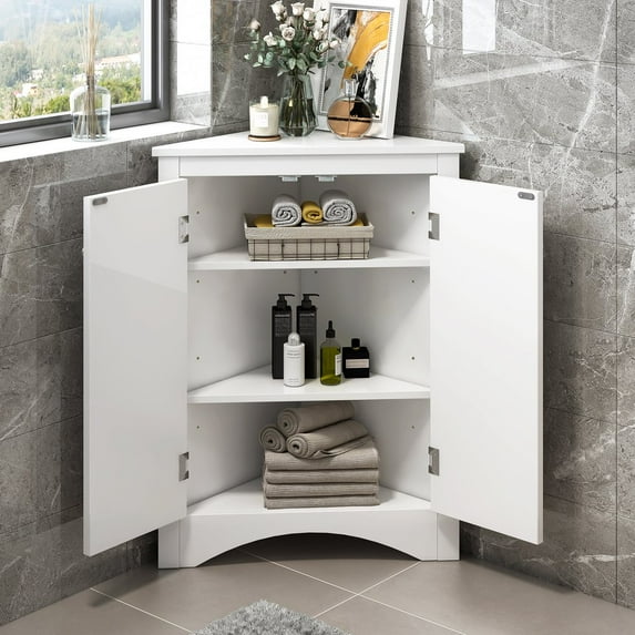 Tcbosik Triangle Storage Cabinet Corner Wood Floor Cabinet with Adjustable Shelves for Home Kitchen Bathroom Living Room, White