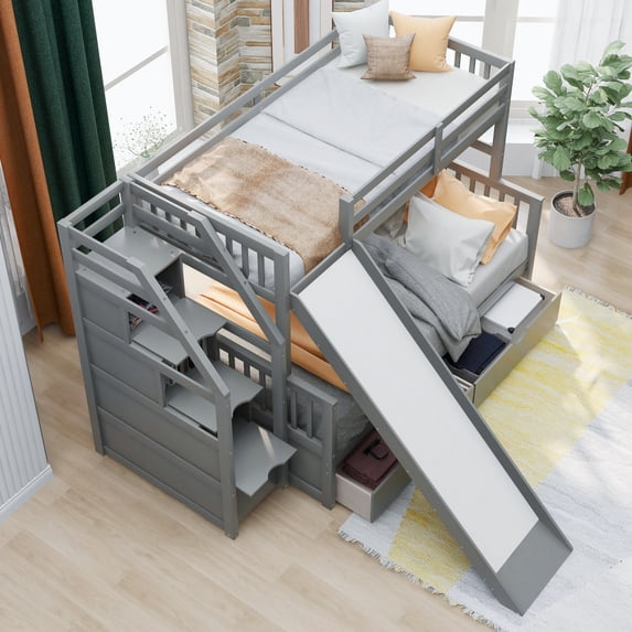 Tcbosik Twin Over Full Bunk Bed With Drawers,Storage And Slide, Multifunction, Gray