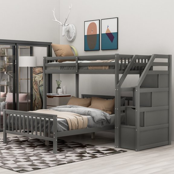 Tcbosik Twin Over Full Loft Bed With Staircase,Gray
