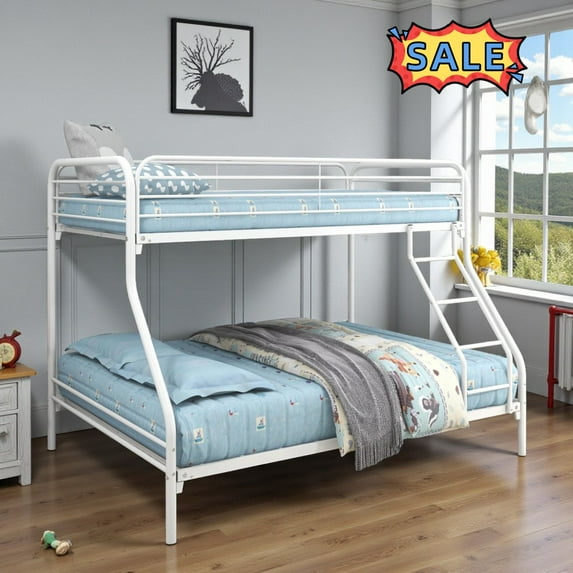 Tcbosik Twin Over Full Size Bunk Bed, Heavy Duty Metal Bed Frame with Built-in Ladder and Full Length Guardrail, Space Saving, Easy Assembly, White