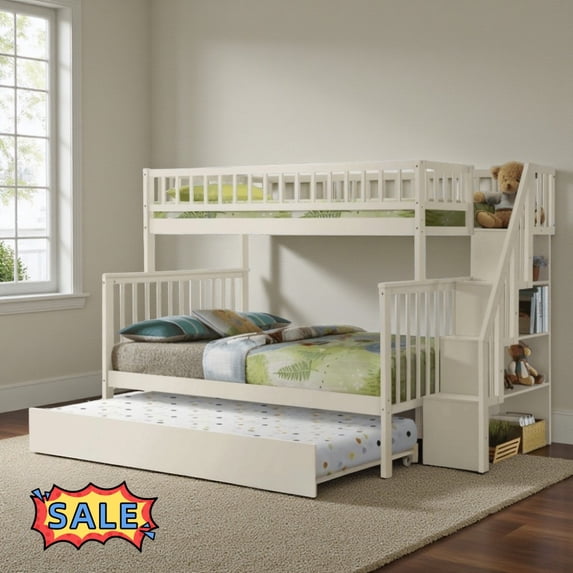 Tcbosik Twin Over Full Size Bunk Bed with Trundle, Wood Bed Frame with Open Shelves, Stairs and Guardrail, Space Saving, Cream