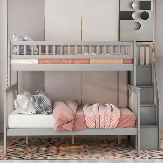Tcbosik Twin Over Full Stairway Bunk Bed With Storage, Gray