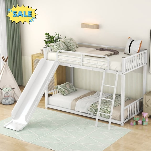 Tcbosik Twin Over Twin Metal Bunk Bed with Slide, Bed Frame with Built-in Ladder and Full-Length Guardrail for Bedroom, Space Saving, White