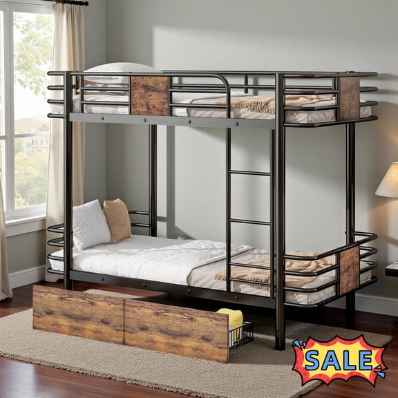 Tcbosik Twin Over Twin Size Bunk Bed, Heavy Duty Bed Frame with Storage Drawers, Safety Guardrail and Built-in Ladder, Metal Slats Support, Black