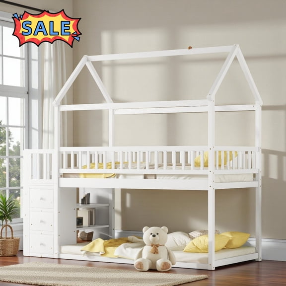 Tcbosik Twin Over Twin Size Bunk Bed with Open Shelves and 3 Storage Drawers, House Shaped Bed Frame with Ladder and Guardrail, Space Saving, White