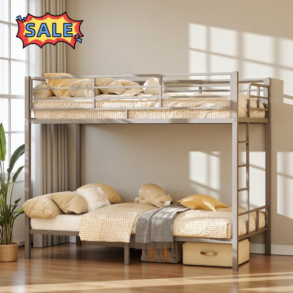 Tcbosik Twin Over Twin Size Metal Bunk Bed with Built-in Ladder and Full Length Guardrail, No Box Spring Needed, Grey