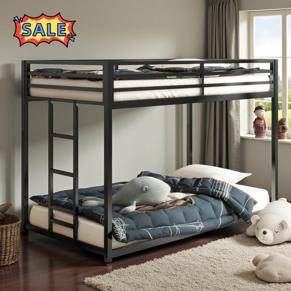 Tcbosik Twin Over Twin Size Metal Bunk Bed with Ladder and Full Length Guardrail, Bed Frame for Small Space, No Box Spring Needed, Black
