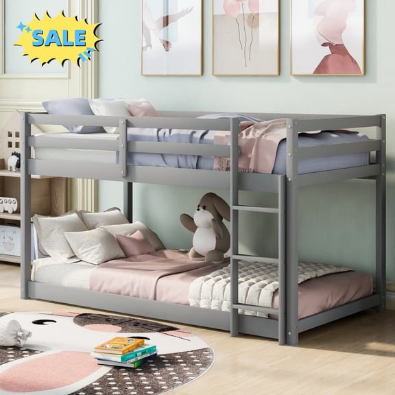 Tcbosik Twin Over Twin Size Wood Bunk Bed, Bed Frame with Built-in Ladder and Full-Length Guardrail. No Box Spring Needed, Easy Assembly, Gray