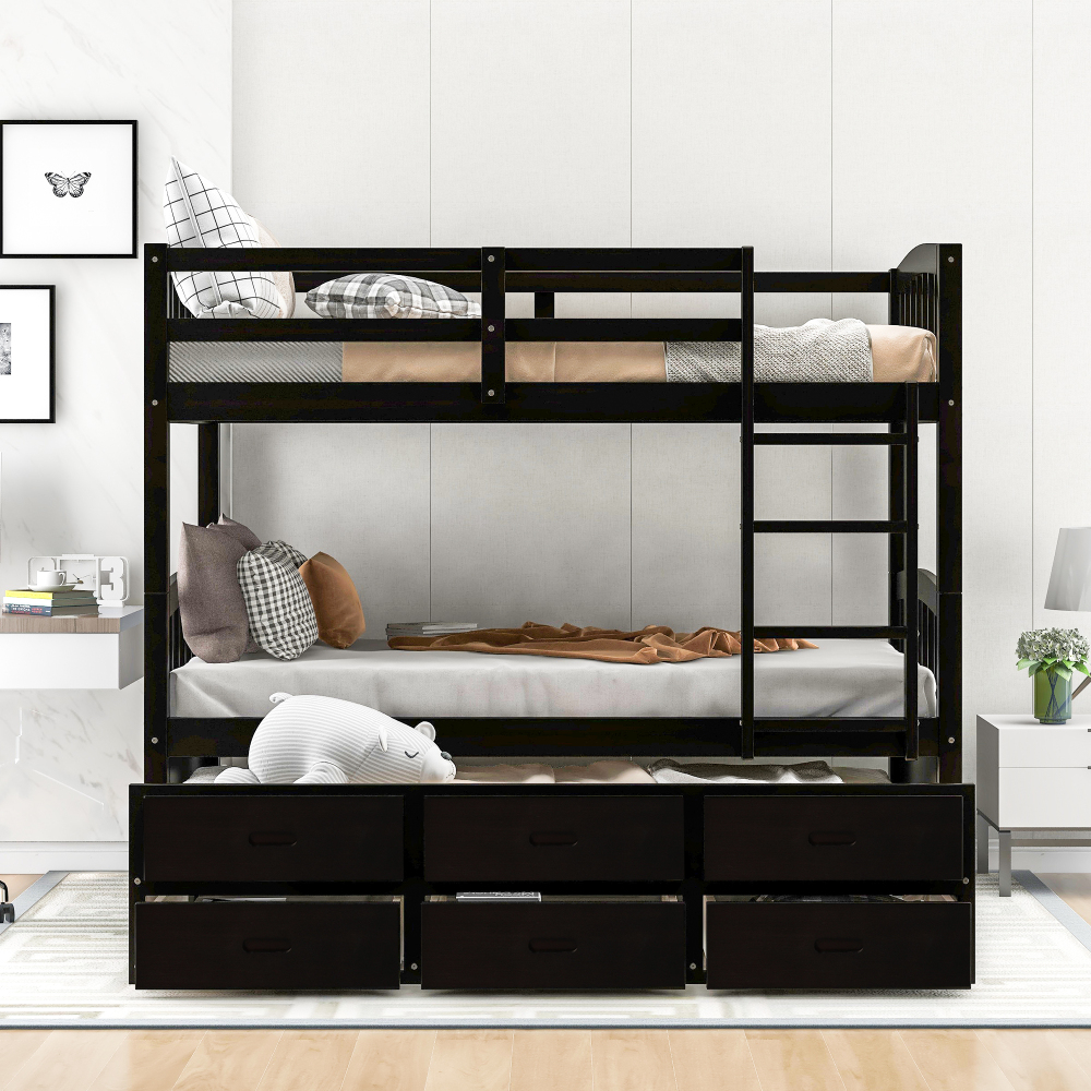 Tcbosik Twin Over Twin Wood Bunk Bed With Trundle And Drawers, Espresso ...