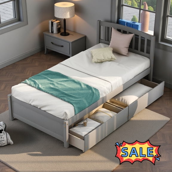 Tcbosik Twin Size Bed Frame with 2 Drawers, Platform Bed with Headboard, Wood Slats Support, Gray