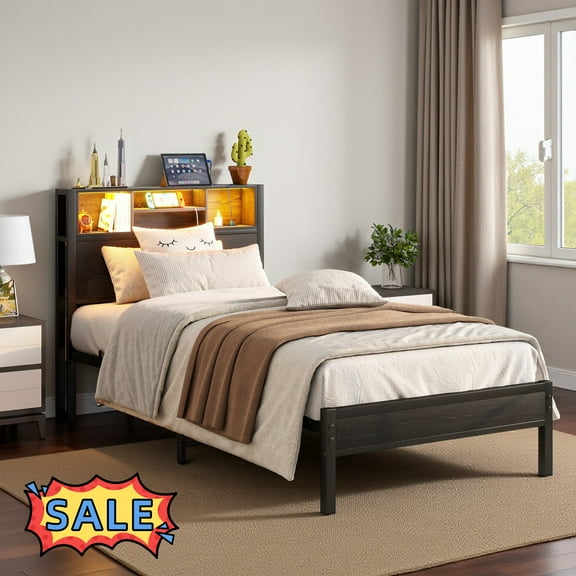 Tcbosik Twin Size Bed Frame with Charging Station, LED Platform Bed with Storage Headboard, No Box Spring Needed, Black