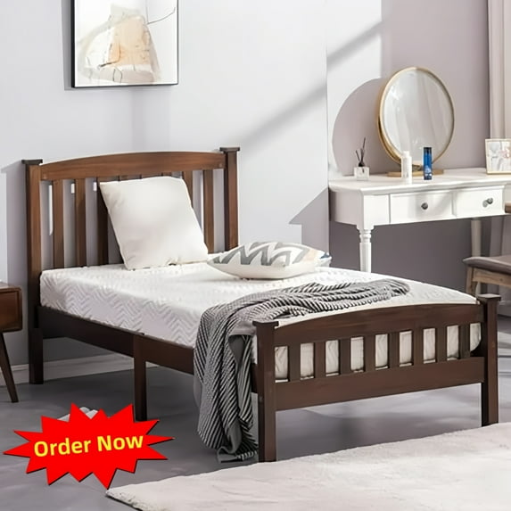 Tcbosik Twin Size Bed Frame with Headboard, Platform Bed with Footboard for Bedroom, Easy Assembly, Brown