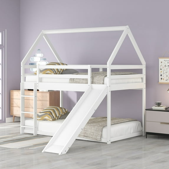 Tcbosik Twin Size Bunk House Bed With Slide And Ladder,White