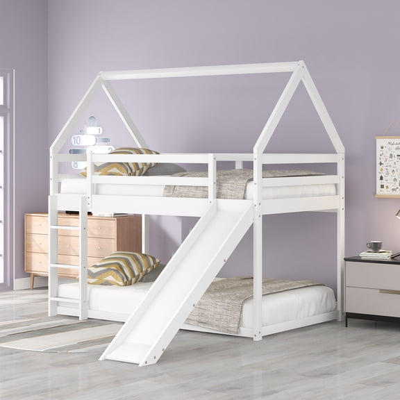 Tcbosik Twin Size Bunk House Bed With Slide And Ladder,White