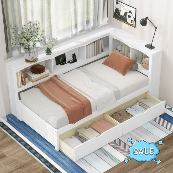 Tcbosik Twin Size Daybed with Charging Station, Corner Sofa Bed with Open Shelves and 2 Storage Drawers for Living Room, Guest Room, Bedroom, Space Saving, White