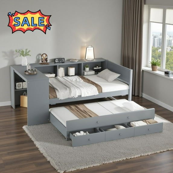 Tcbosik Twin Size Daybed with Trundle and 3 Drawers, Modern Sofa Bed with Open Shelves and Writing Desk, Wood Bed Frame for Small Space, No Box Spring Needed, Grey