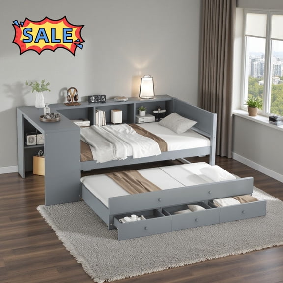 Tcbosik Twin Size Daybed with Trundle and 3 Drawers, Modern Sofa Bed with Open Shelves and Writing Desk, Wood Bed Frame for Small Space, No Box Spring Needed, Grey