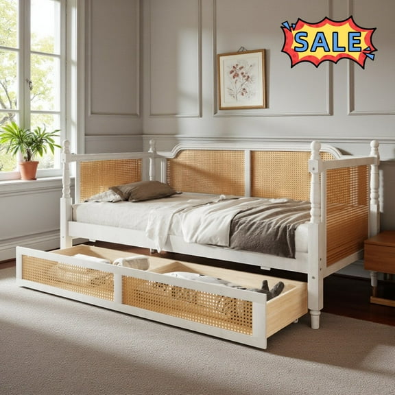 Tcbosik Twin Size Daybed with 2 Storage Drawers, Rattan Sofa Bed for Small Space, Easy Assembly, Wood Slats Support, Antique White