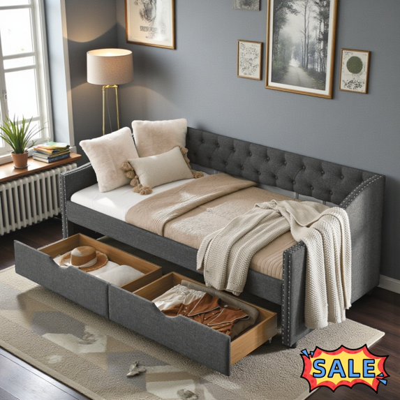 Tcbosik Twin Size Daybed with 2 Storage Drawers, Upholstered Sofa Bed for Living Room, Bedroom, Easy Assembly, Dark Grey