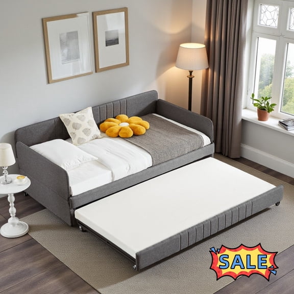 Tcbosik Twin Size Daybed with Trundle, Heavy Duty Metal Bed Frame, Modern Sofa Bed for Bedroom, Guest Room, Living Room, Space Saving, Grey