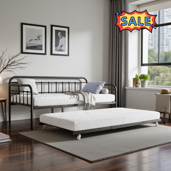 Tcbosik Twin Size Daybed with Trundle, Heavy Duty Metal Bed Frame for Small Space, No Box Spring Needed, Black