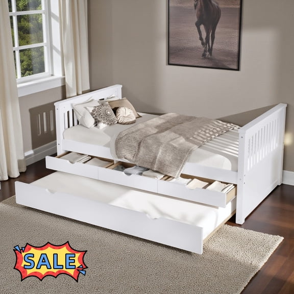 Tcbosik Twin Size Daybed with Trundle, Sofa Bed with 3 Storage Drawers, Wood Slats Support, No Box Spring Needed, Off White
