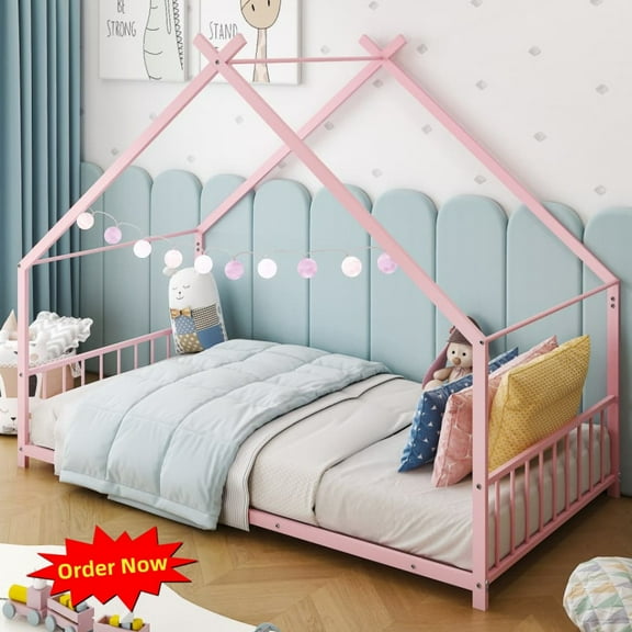 Tcbosik Twin Size Floor Bed, House Shaped Metal Bed Frame, Easy Assembly, Pink