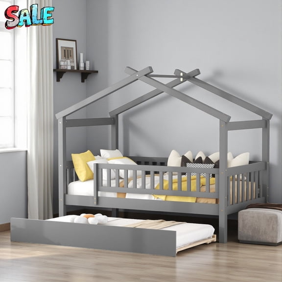 Tcbosik Twin Size House-Shaped Platform Bed with Trundle, Solid Pine Wood Frame, Roof Design, Dual Headboards, No Box Spring Needed Gray
