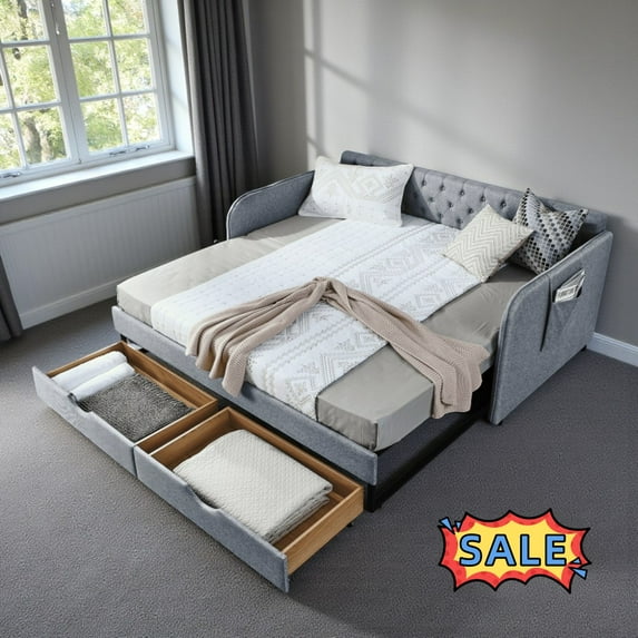 Tcbosik Twin Size Linen Fabric Daybed with Trundle and 2 Drawers, Upholstered Sofa Bed with Side Pocket, Wood Slats Support, Space Saving, Grey