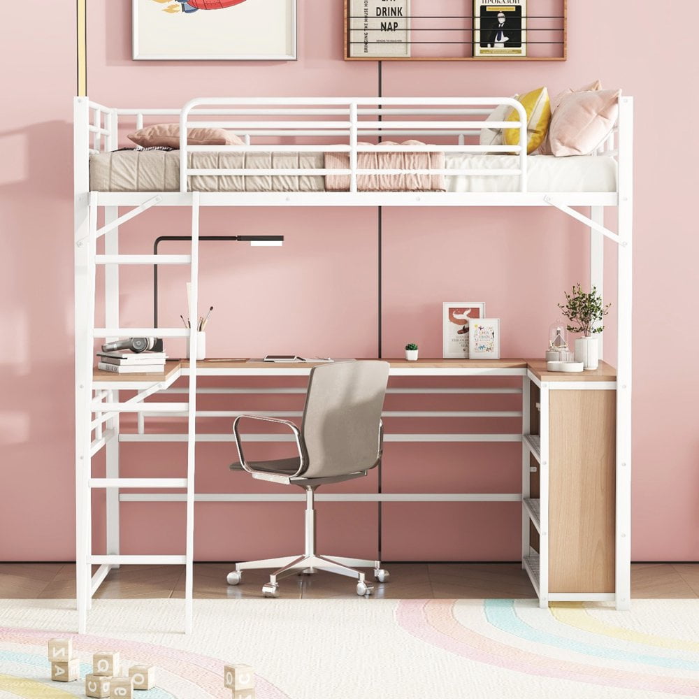 Tcbosik Twin Size Loft Bed with 3 Layers of Shelves and L-Shaped Desk ...