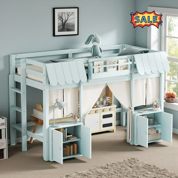 Tcbosik Twin Size Loft Bed with Bookshelf, Curtain and Storage Cabinets, Wood Bed Frame with Side Ladder and Safety Guardrail, Playful Design & Space Saving, Blue