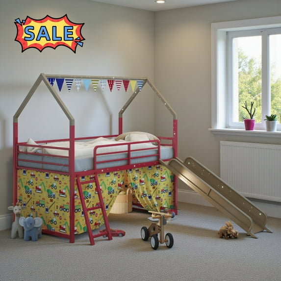 Tcbosik Twin Size Loft Bed with Curtain Set, Star Stickers and Pennant Banner Flag, Slide, Ladder and Guardrail, Heavy Duty Metal Bed Frame, No Box Spring Needed, Gold