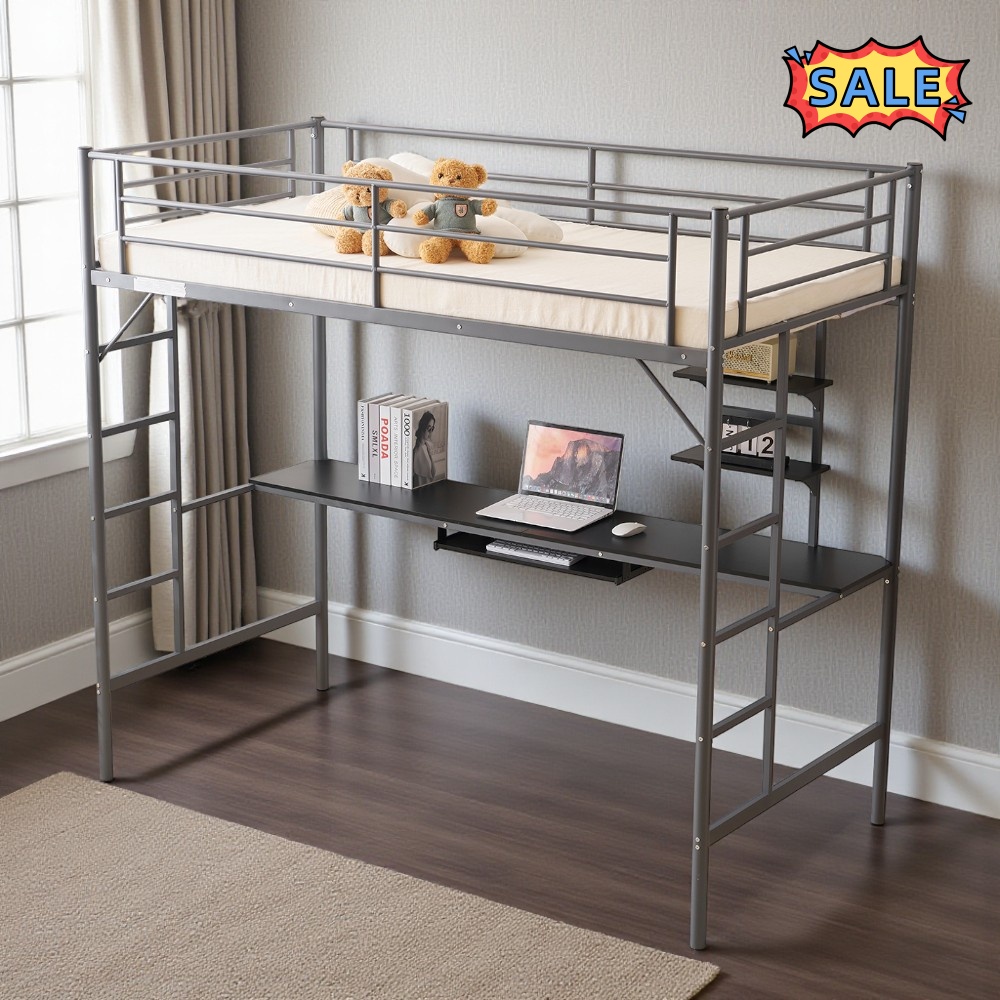 Tcbosik Twin Size Loft Bed with Desk, Open Shelves and Keyboard Tray ...