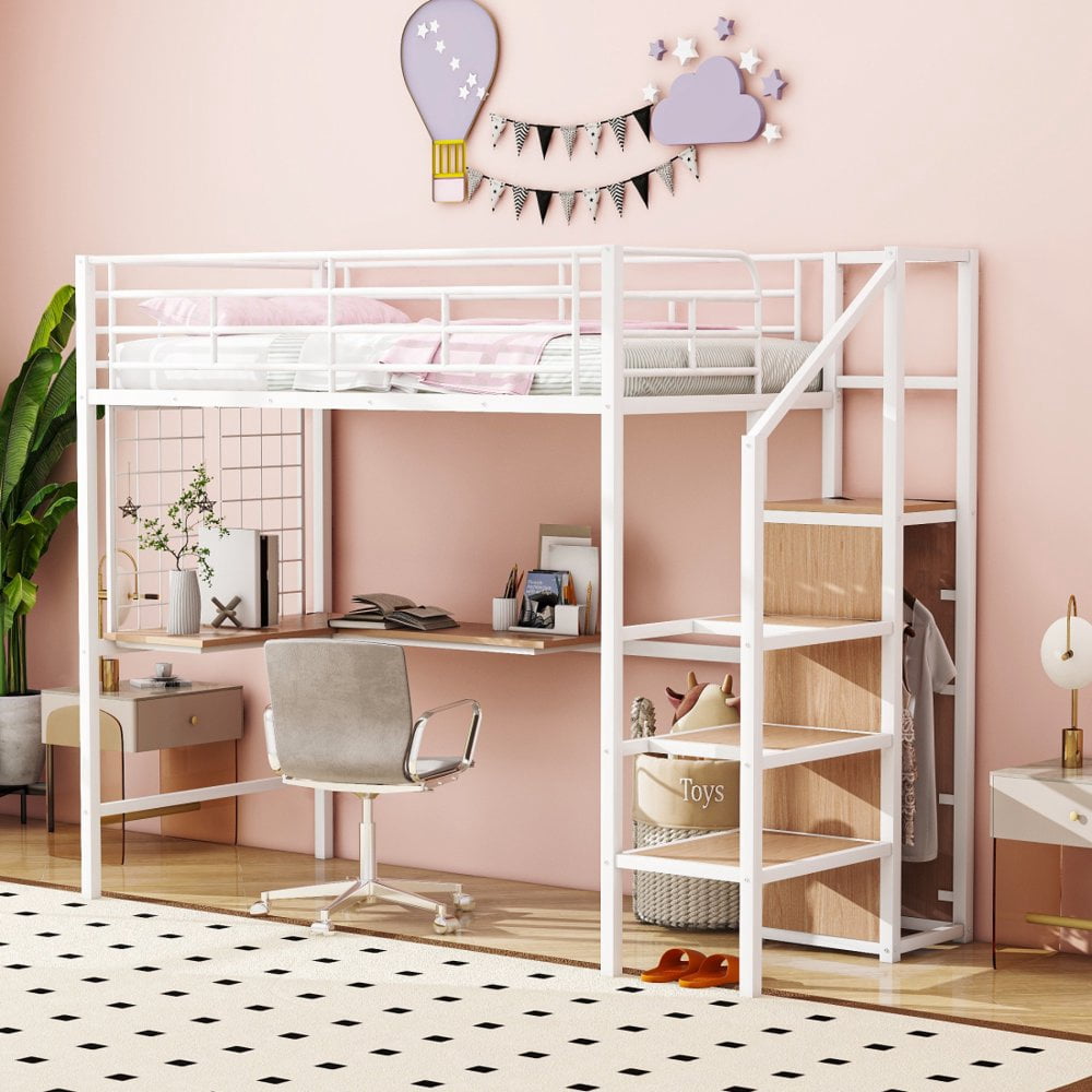 Tcbosik Twin Size Loft Bed with Stairs, L-Shaped Desk, Metal Loft Bed ...