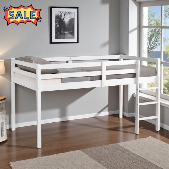 Tcbosik Twin Size Loft Bed, Wood Bed Frame with Ladder and Safety Guardrail, Easy Assembly, White