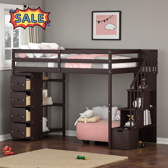 Tcbosik Twin Size Loft Bed, Wood Bed Frame with Storage Drawers and Open Shelves, Stair and Guardrail, Space Saving, No Box Spring Needed, Espresso