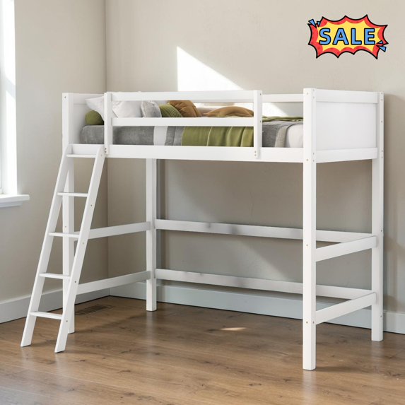 Tcbosik Twin Size Loft Bed with Ladder, Wood Bed Frame with Full Length Guardrail, Easy Assembly, White