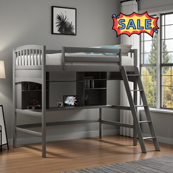 Tcbosik Twin Size Loft Bed with Open Shelves and Writing Desk, Wood Bed Frame with Inclined Ladder and Safety Guardrail, Easy Assembly, Gray