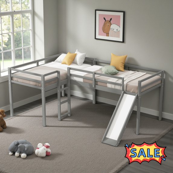 Tcbosik Twin Size Loft Bed with Slide, L-Shaped Bed Frame with Built-in Ladder and Full Length Guardrail, Wood Slats Support, Space Saving, Gray
