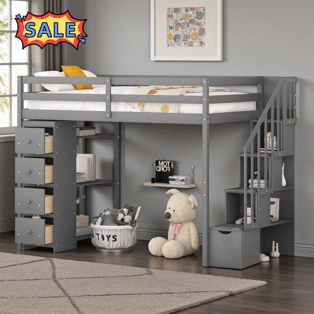 Tcbosik Twin Size Loft Bed with Storage Stair, Drawers and Shelves ...