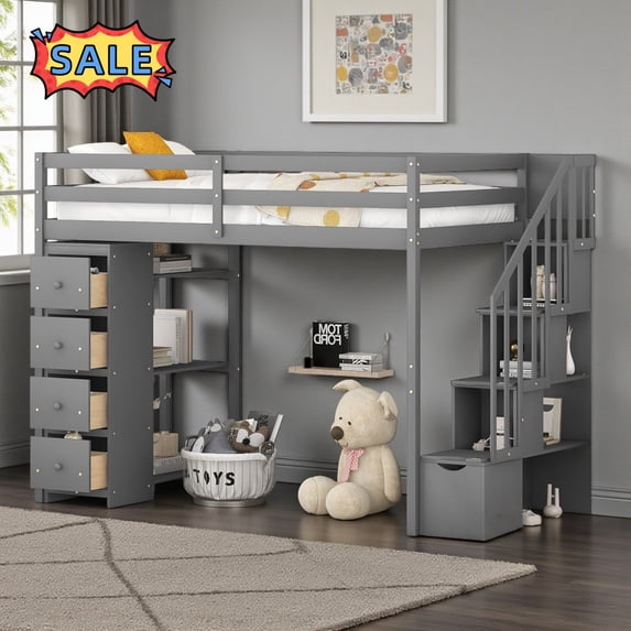 Tcbosik Twin Size Loft Bed with Storage Stair, Drawers and Shelves, Wood Bed Frame with Safety Guardrail for Bedroom, Easy Assembly, Gray