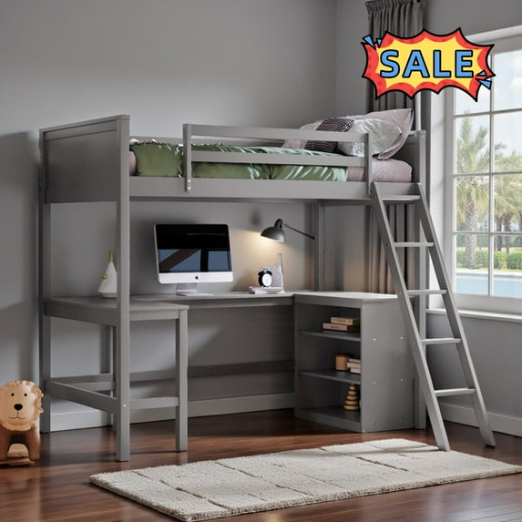 Tcbosik Twin Size Loft Bed with Writing Desk and Open Shelves, Wood Bed Frame with Ladder and Guardrail, No Box Spring Needed, Gray