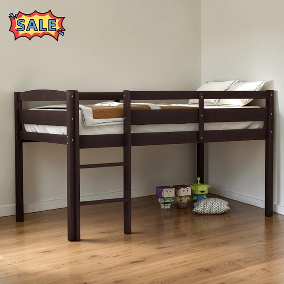 Tcbosik Twin Size Low Loft Bed with Built-in Ladder and Full Length Guardrail, Easy Assembly, Espresso