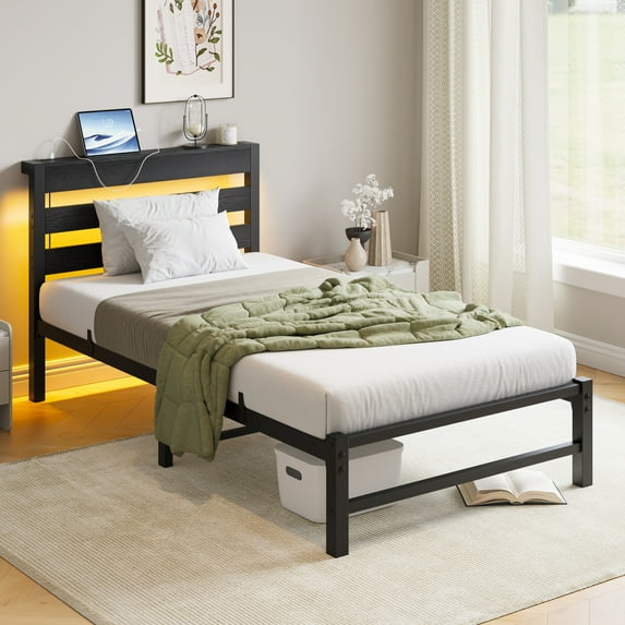 Tcbosik Twin Size Metal Bed Frame with LED Lights & Charging Station, Platform Bed with Wood Headboard, No Box Spring Needed, Black