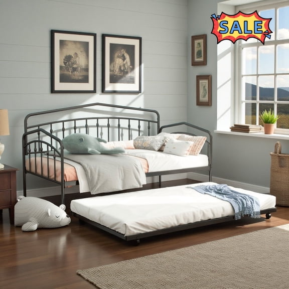 Tcbosik Twin Size Metal Daybed with Trundle, Heavy Duty Sofa Bed for Living Room, Guest Room, Bedroom, Space Saving, Black